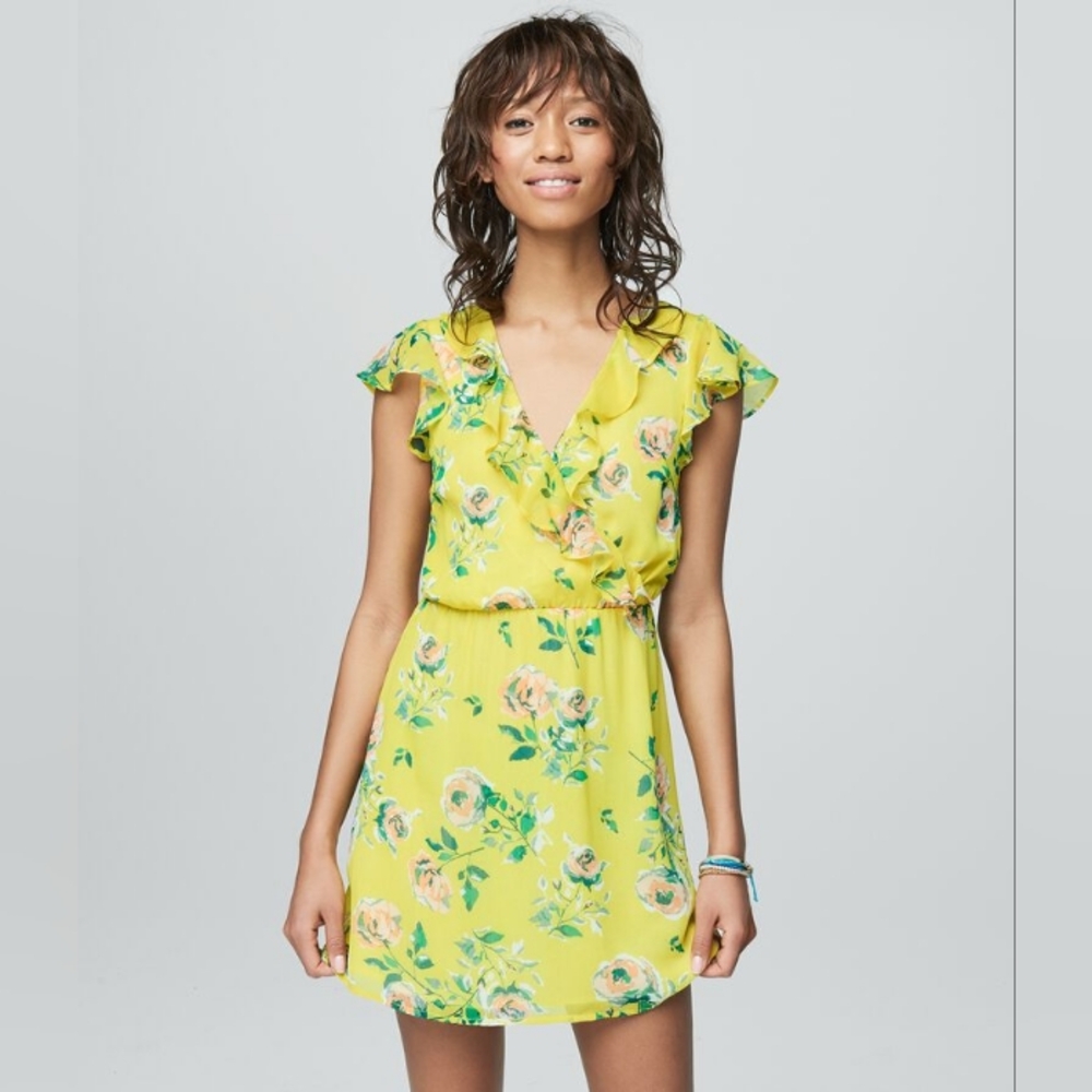 Aeropostale Prince & Fox Chiffon Yellow Floral Ruffled Dress Size Small EUC - Picture 1 of 9